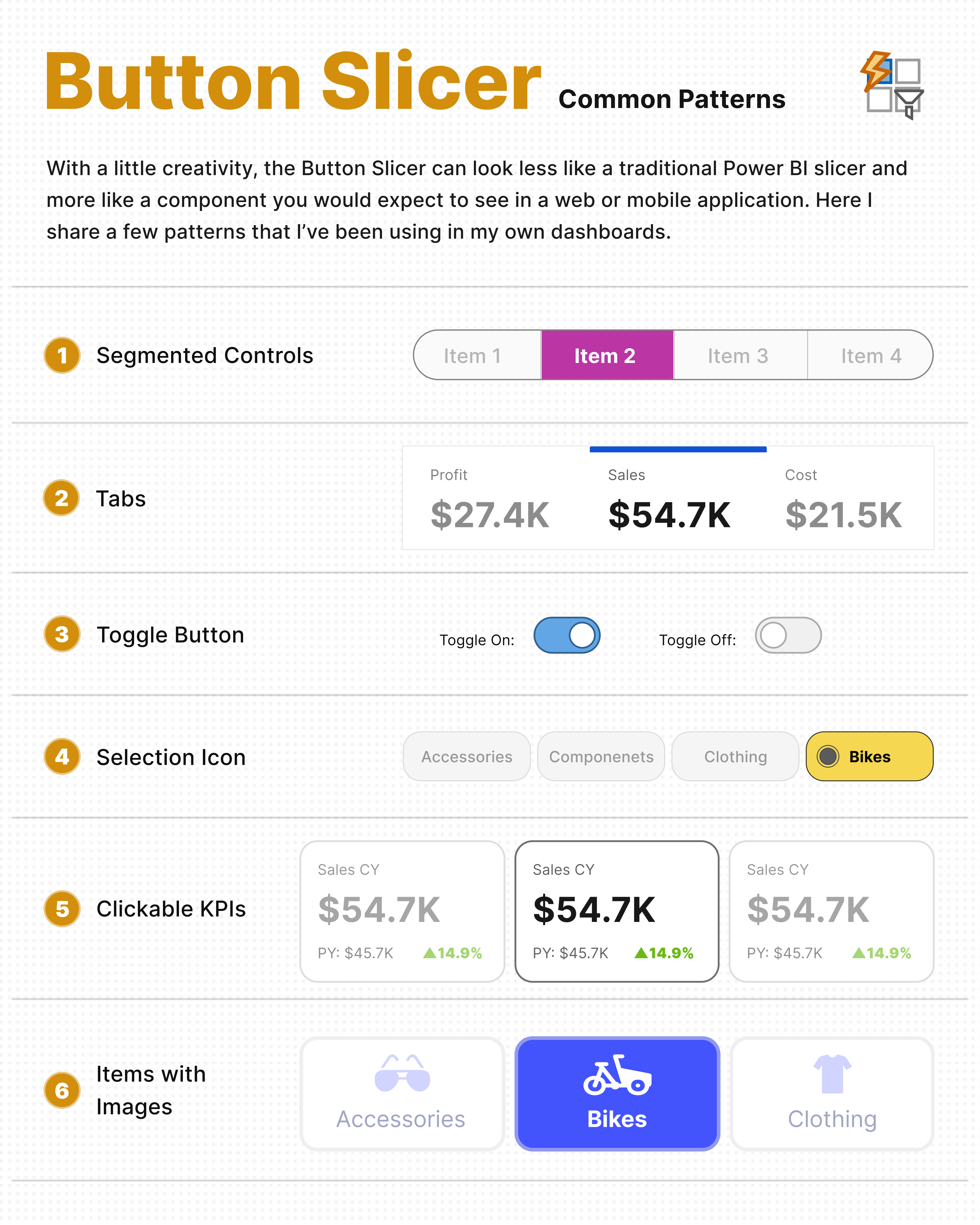 Six common Power BI Button Slicer UI patterns