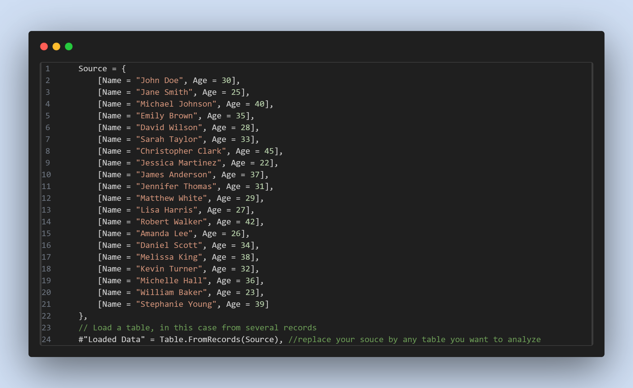 Code that loads a table