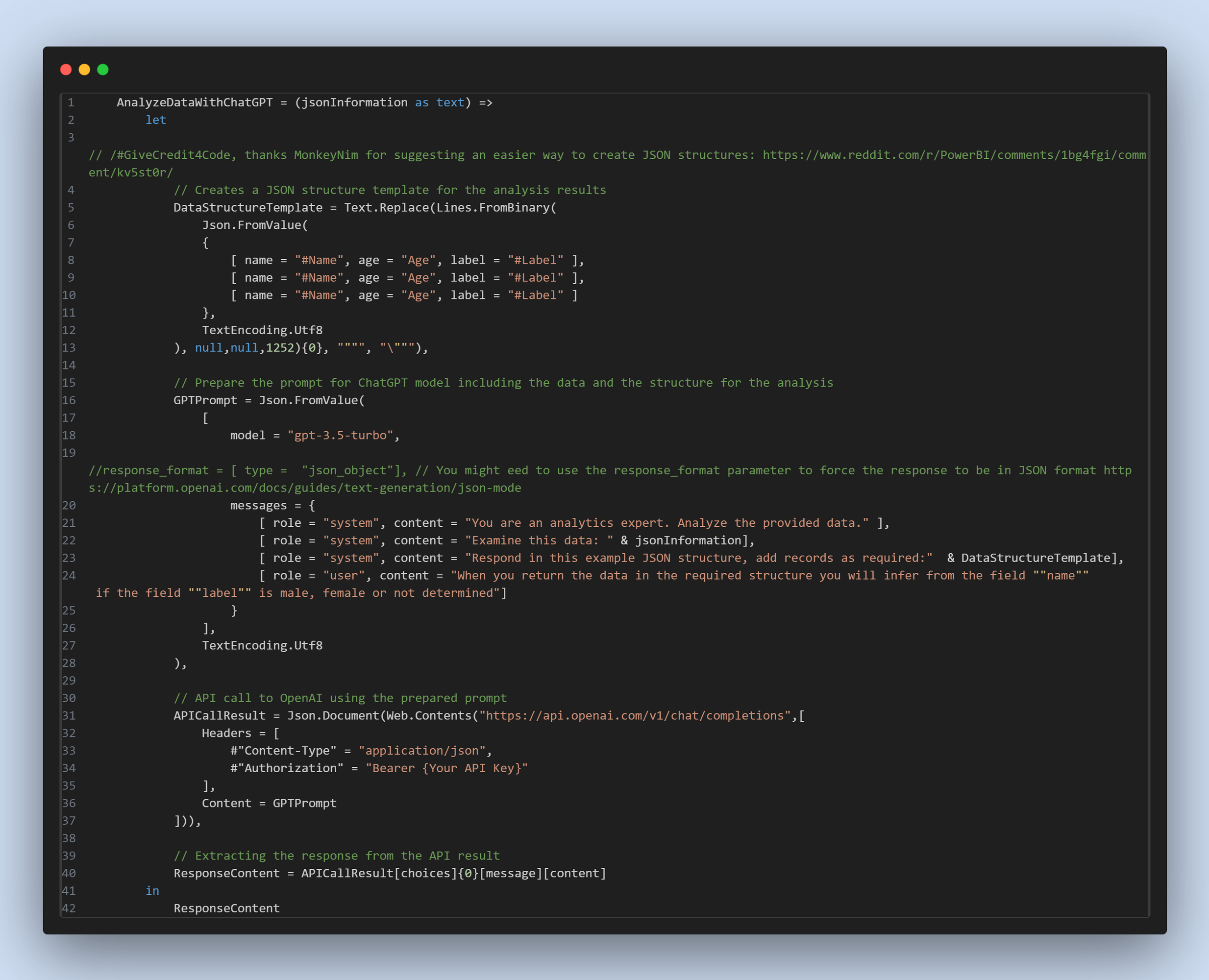 Power Query fuction that sends data to ChatGPT to analyze.