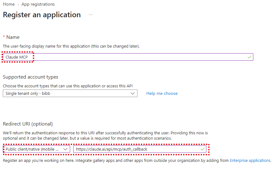 Azure app registration Authentication pane with the Mobile and desktop applications redirect URI set to the Claude MCP callback