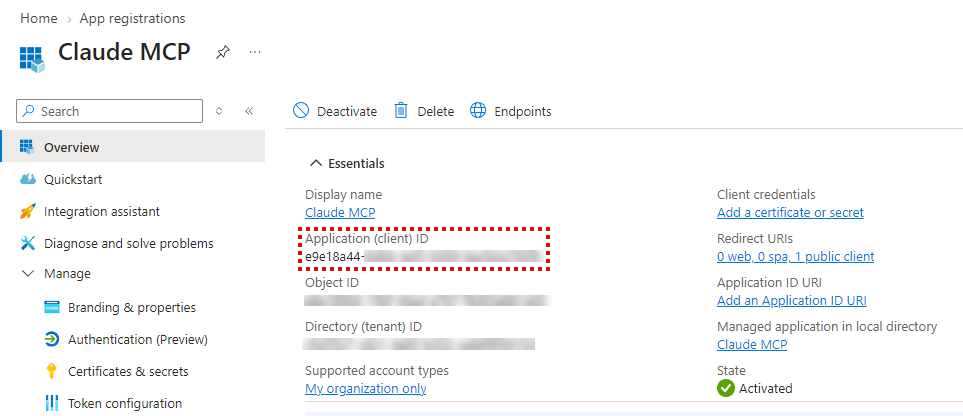 Azure app registration Overview pane with the Application (client) ID highlighted