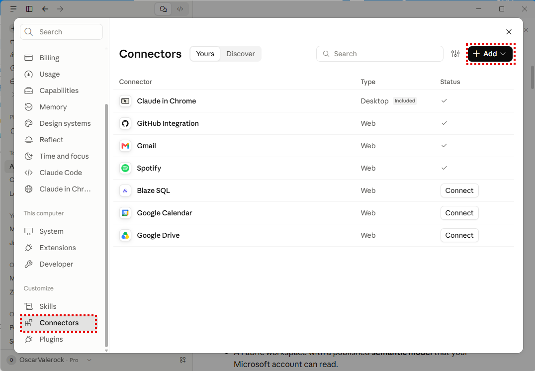 Claude Settings page with the Connectors section open and the + Add button highlighted