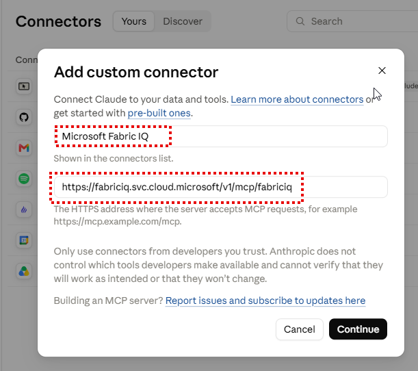 Claude Add custom connector dialog with the Name and MCP server URL fields filled in
