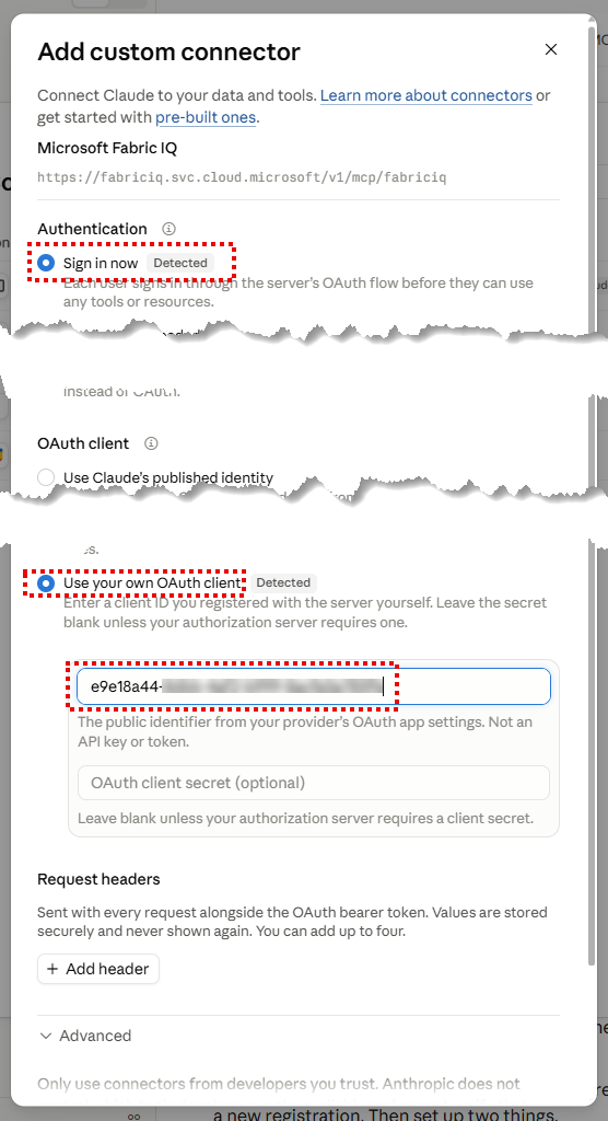 Claude custom connector OAuth setup screen with Sign in now, Use your own OAuth client, and the client ID filled in