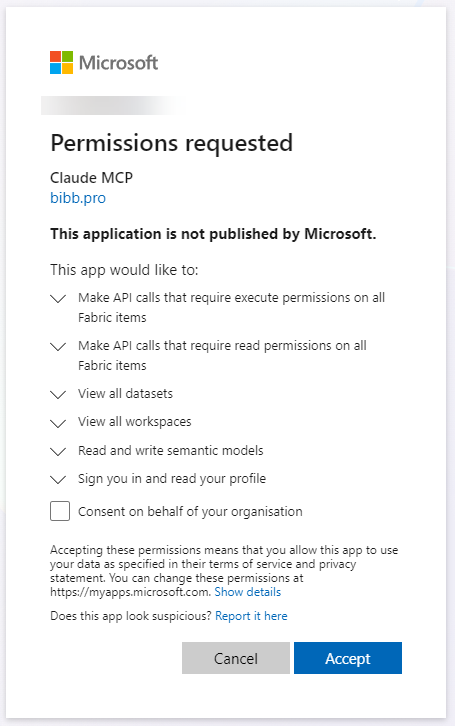 Microsoft permissions requested screen for Claude MCP, listing the Fabric and Power BI delegated permissions with Accept and Cancel buttons