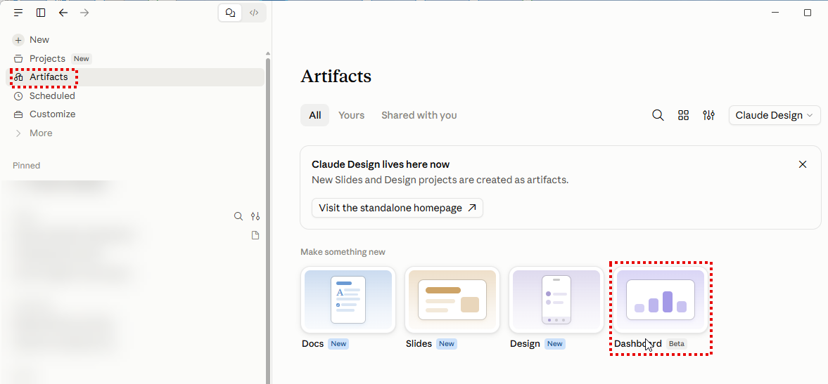 Claude Artifacts page with the sidebar Artifacts entry and the Dashboard (Beta) card highlighted
