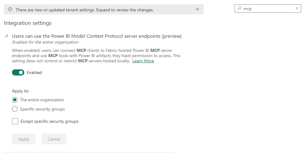 Fabric admin portal Integration settings with the Power BI Model Context Protocol server endpoints preview setting enabled for the entire organisation