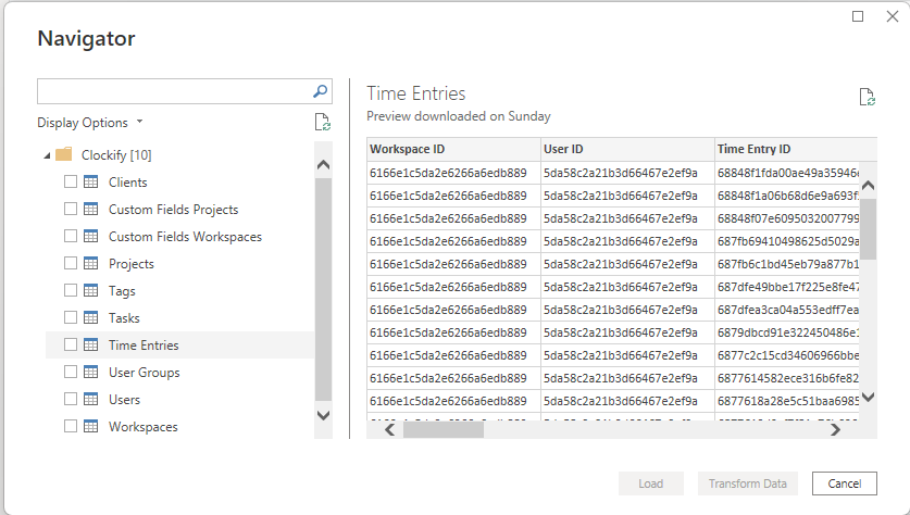 The Power BI navigator showing the ten tables exposed by the Clockify custom connector