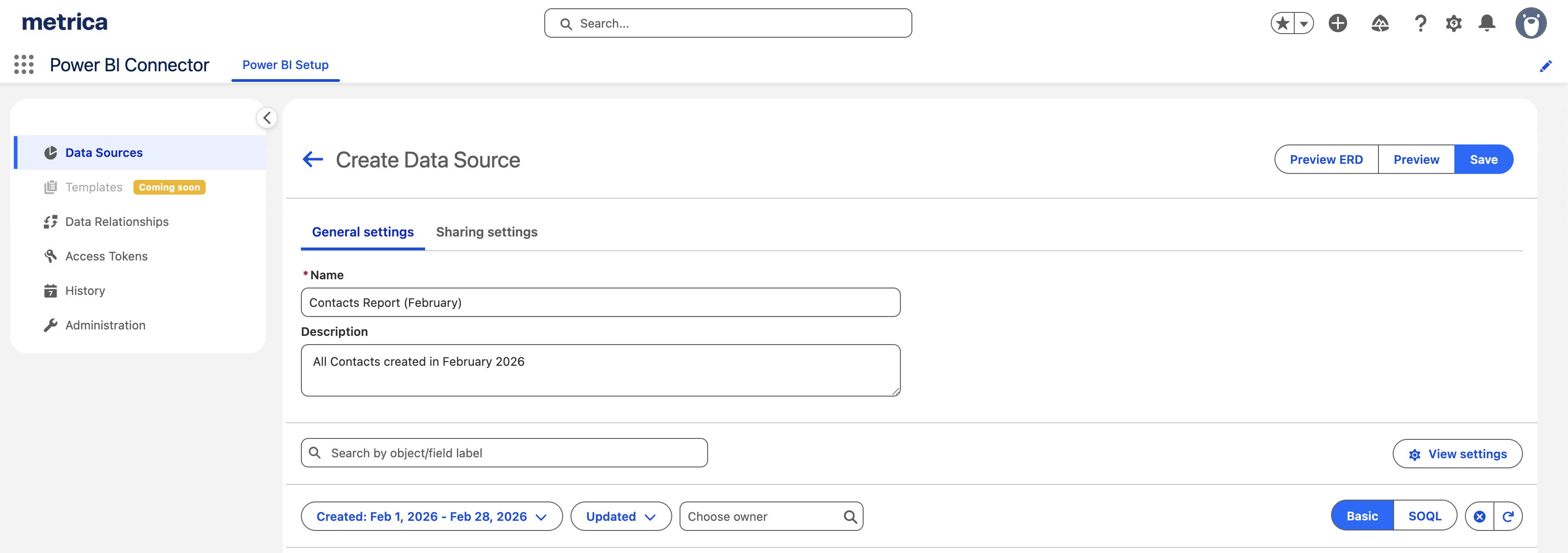 Metrica Power BI Connector — data source creation interface