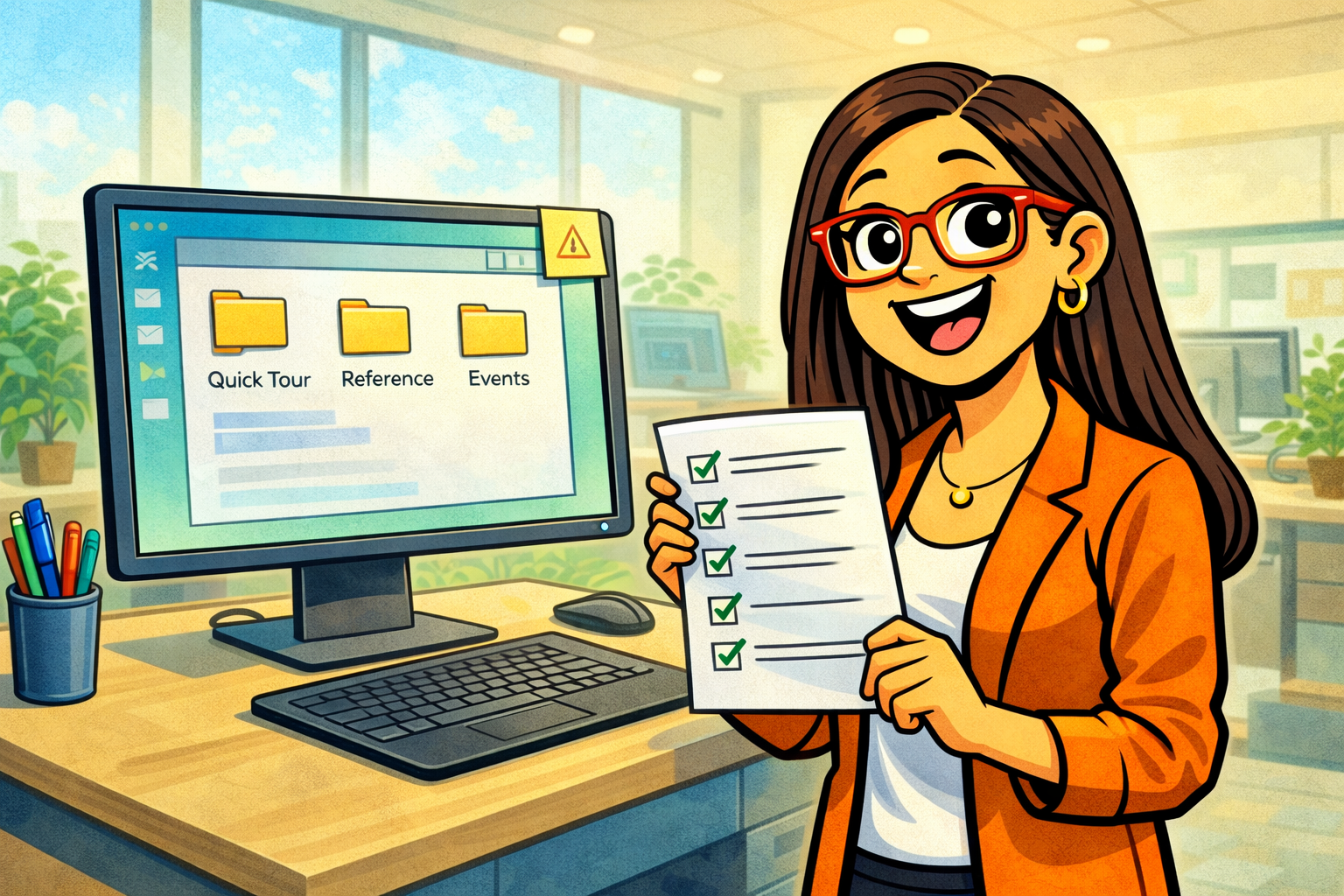 Quinn holding her data cleanup checklist in front of the NOG DataHub folders